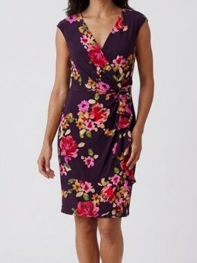 Chaps Plum Floral Wrap-Effect Midi Dress with Pink & Red Blooms
